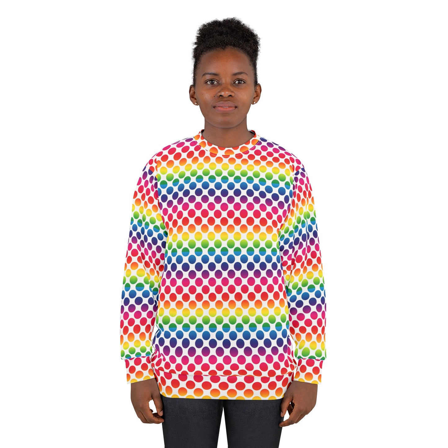 Rainbow Polka Dot Unisex Sweatshirt, Colorful AOP Pullover, Trendy Cozy Top, Vibrant Gift for Her/Him, Perfect for Casual Wear