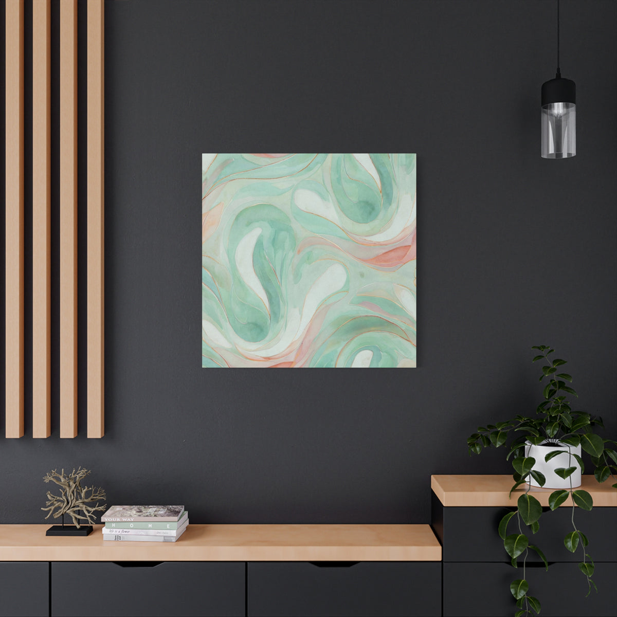 Abstract Green Marble Canvas Print — Teal & Coral Swirl Wall Art