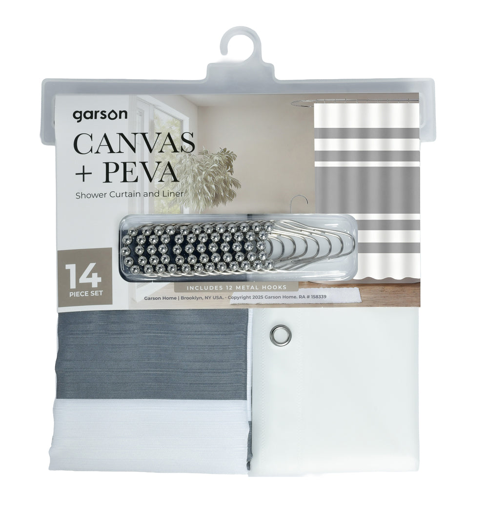 Garson Home Gray Striped 70"W x 72"H Shower Curtain with Peva Liner and Hook Set - 14 Pc.