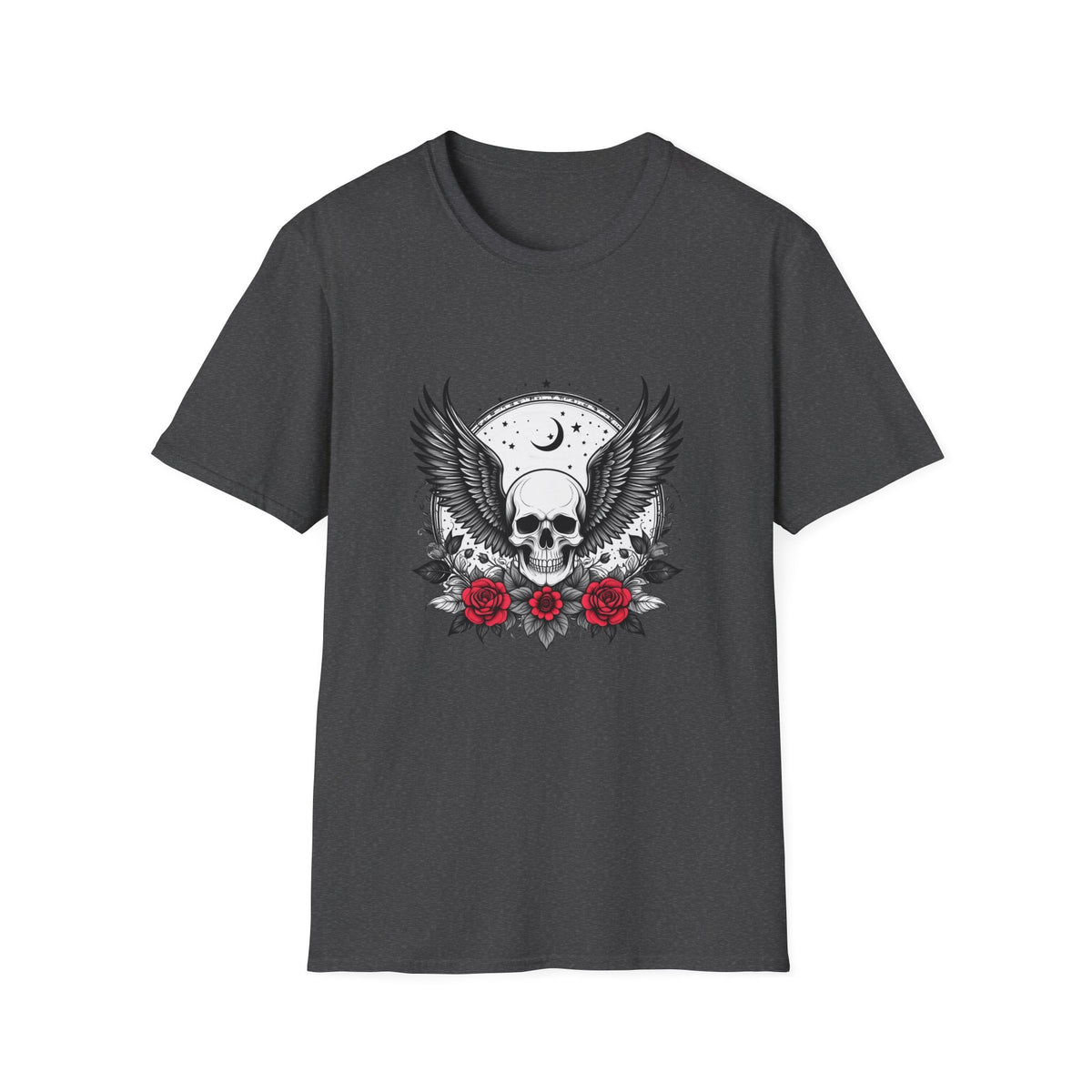 Skull Wings T‑Shirt – Crescent Moon & Red Roses Gothic Graphic Tee