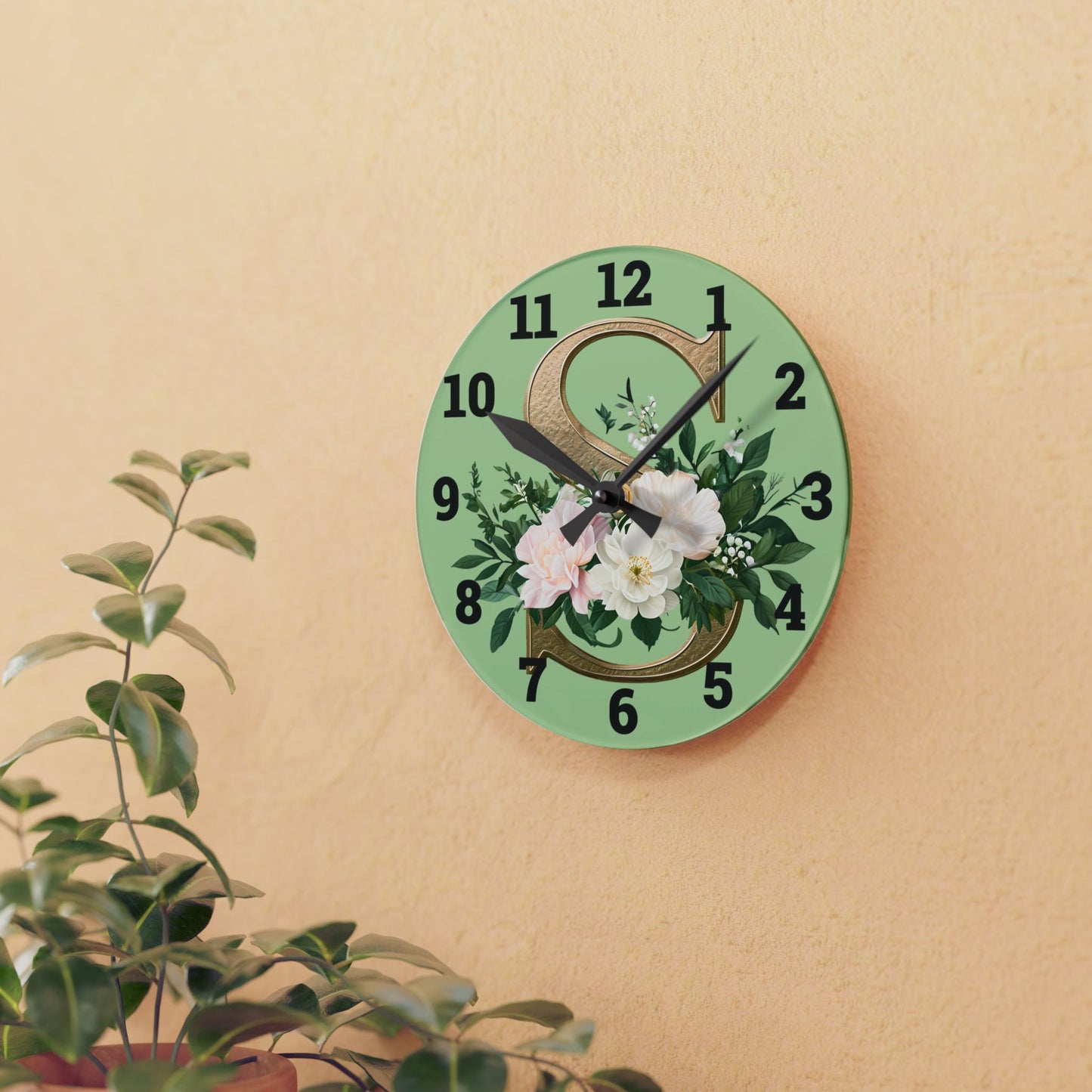 Floral Initial Acrylic Wall Clock, Elegant Home Décor