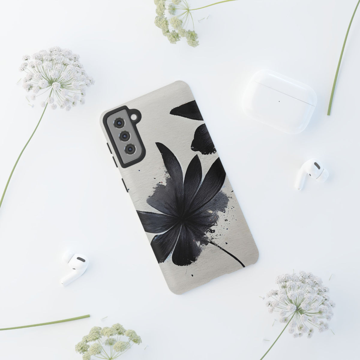 Monochrome Floral Tough Phone Case — Black Ink Flower Protective Cover
