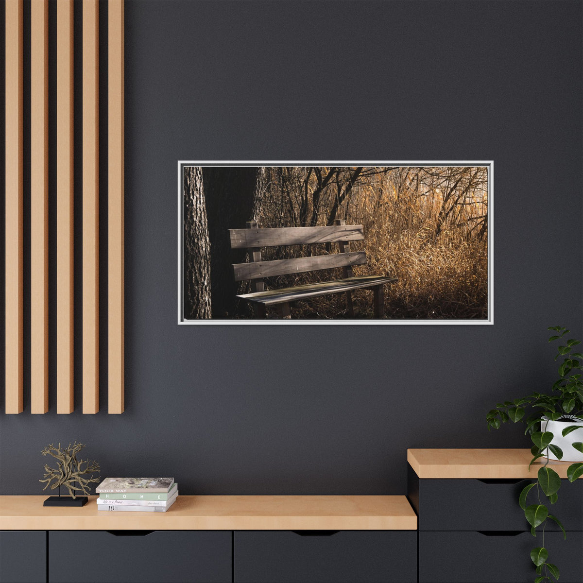 Framed Matte Canvas Print — Autumn Park Bench Photography
