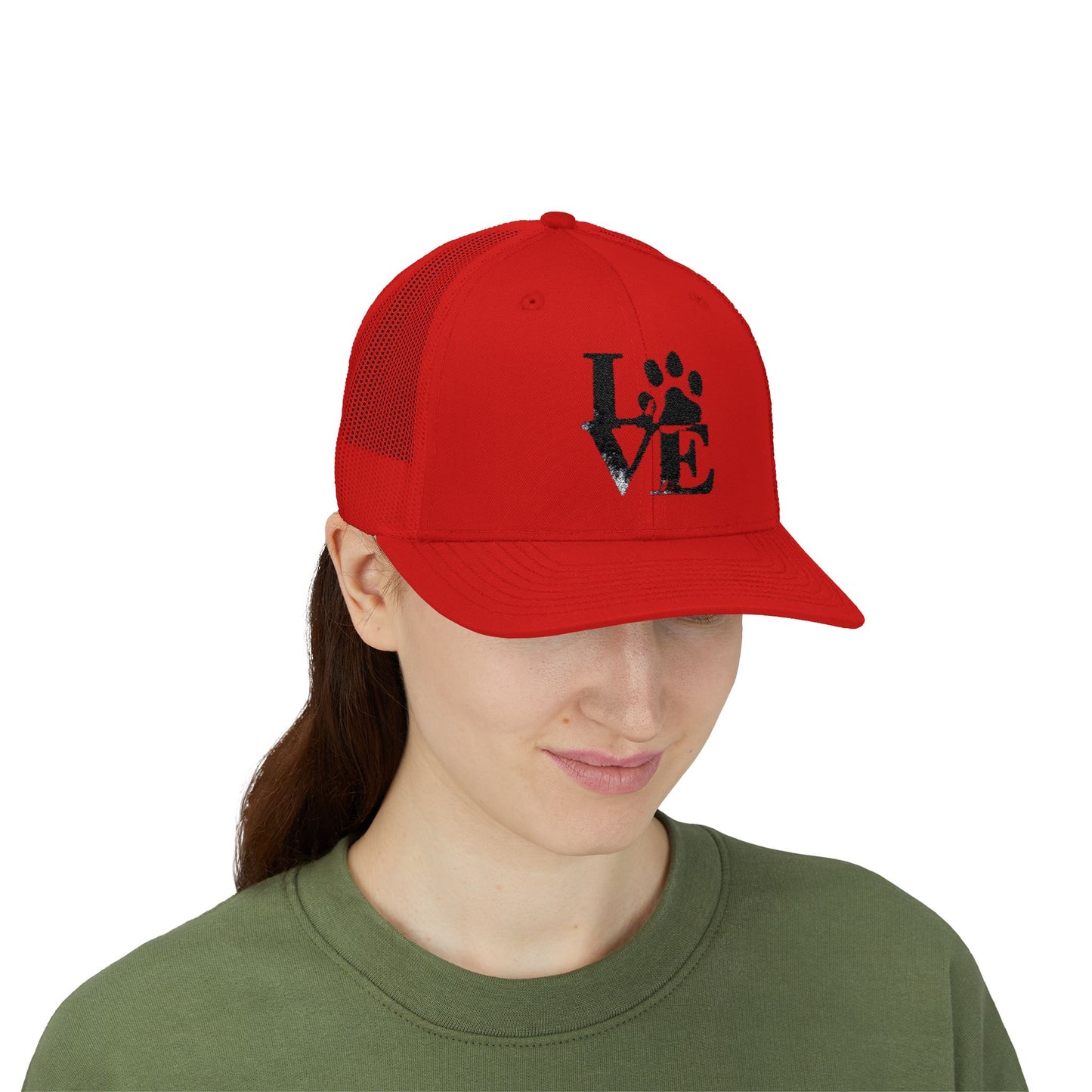 Love Paw Print Trucker Cap for Animal Lovers, Adjustable Snapback Hat for Pet Owners, Gifts for Dog Moms, Cat Dads, Pet Adoption Events
