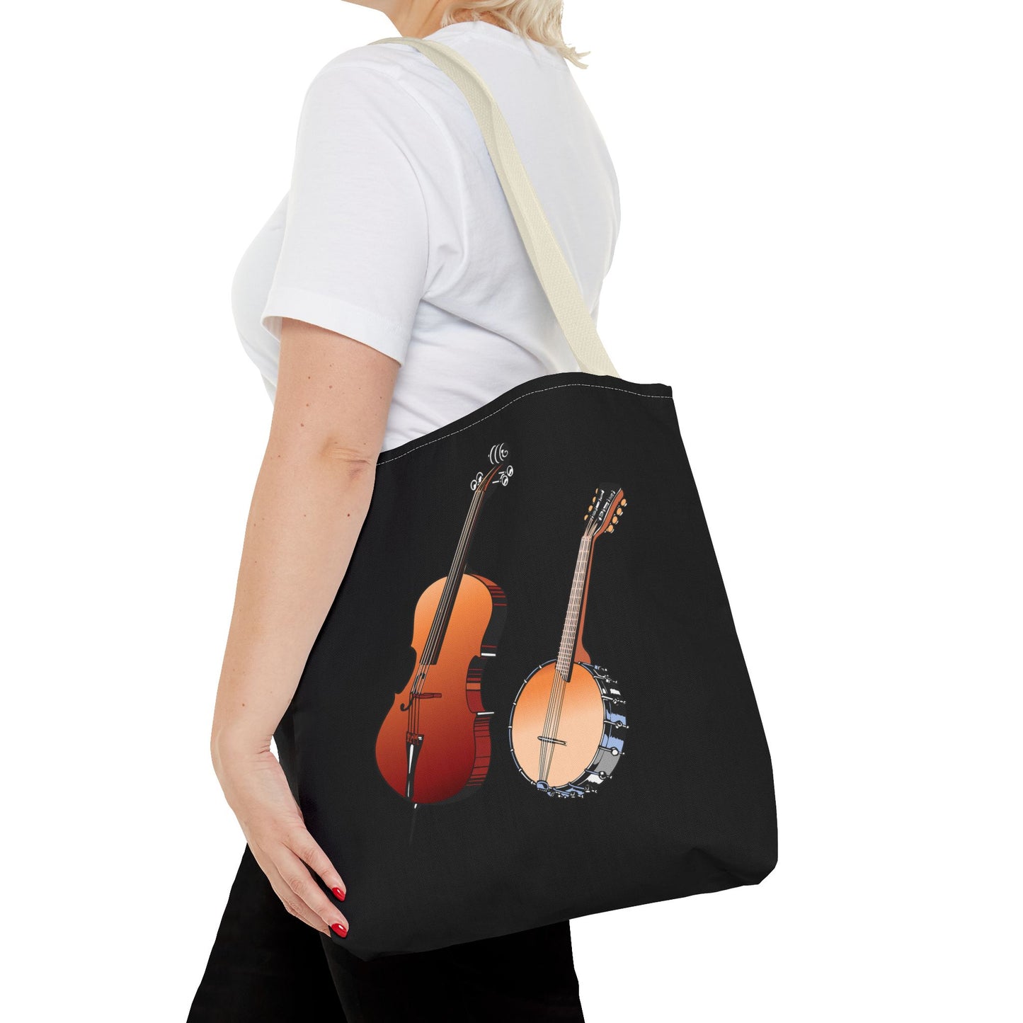 Musical Instruments Tote Bag, Music Lover Gift, Banjo and Cello Design, Stylish Grocery Tote, Concert Bag, Eco-Friendly Carryall