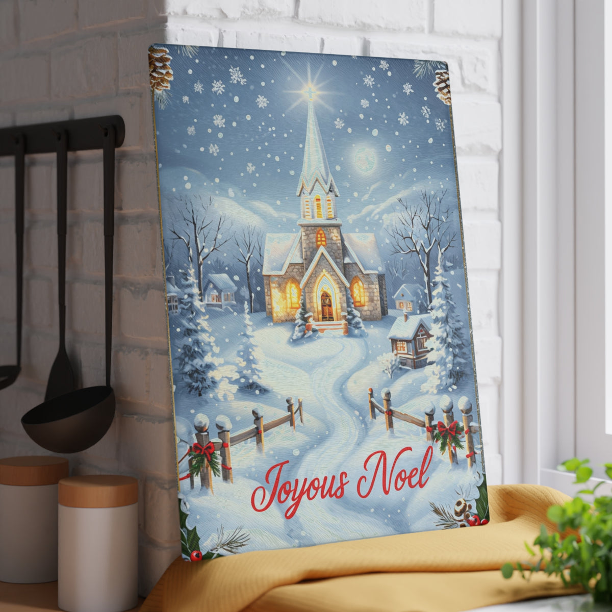 Glass Cutting Board — Joyeux Noël Winter Church Scene Holiday Kitchen Decor