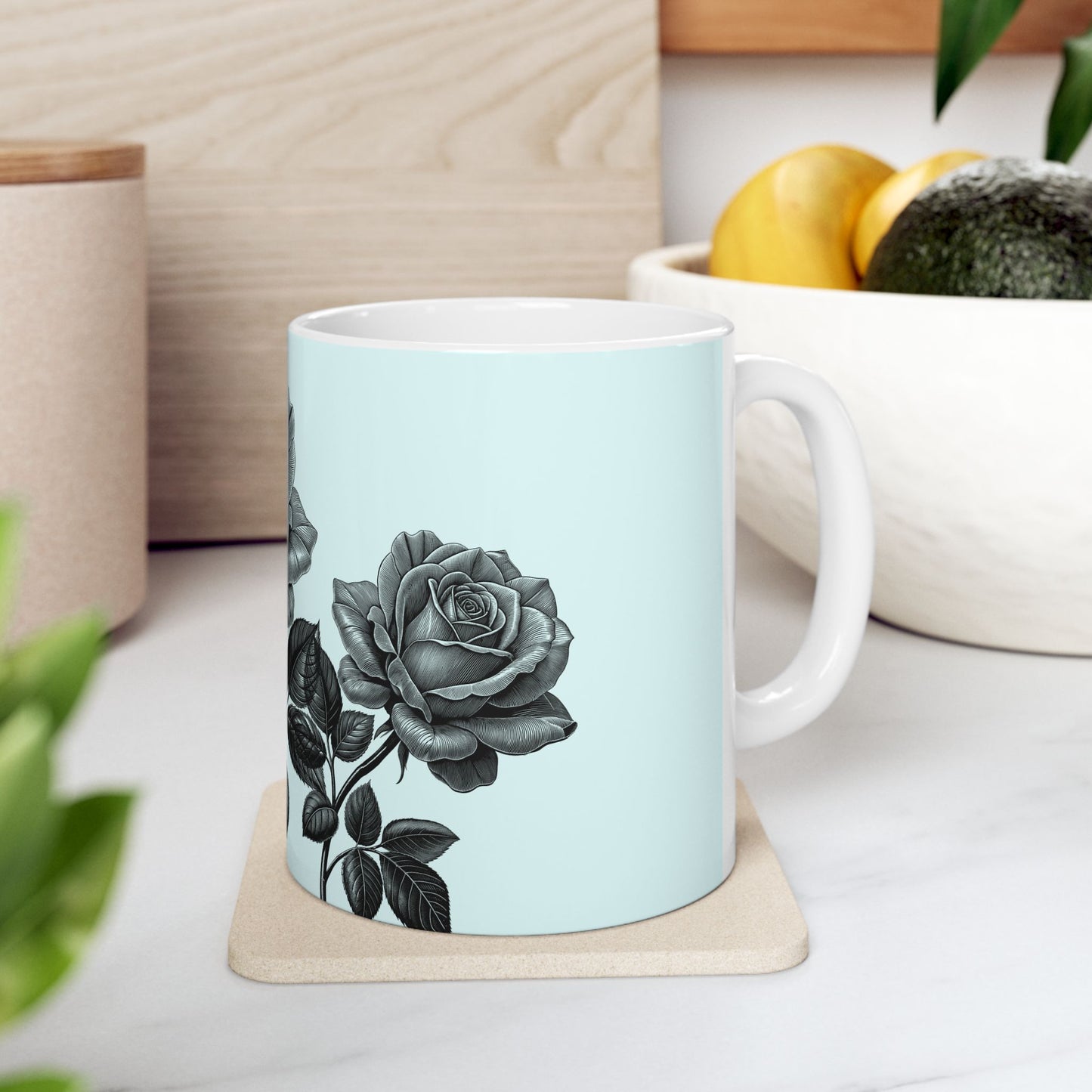 Elegant Floral Ceramic Mug - Black and White Rose Design, Coffee Cup, Gift for Her, Home Decor, Tea Lover's Perfect Mug