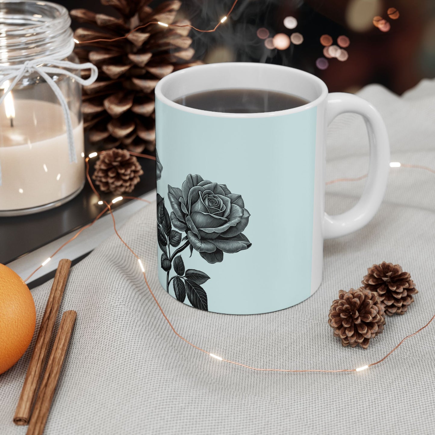Elegant Floral Ceramic Mug - Black and White Rose Design, Coffee Cup, Gift for Her, Home Decor, Tea Lover's Perfect Mug