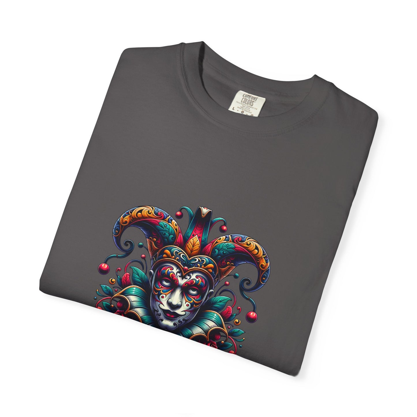 Vibrant Unisex Garment-Dyed T-shirt Featuring Colorful Jester Design, Festival Fashion