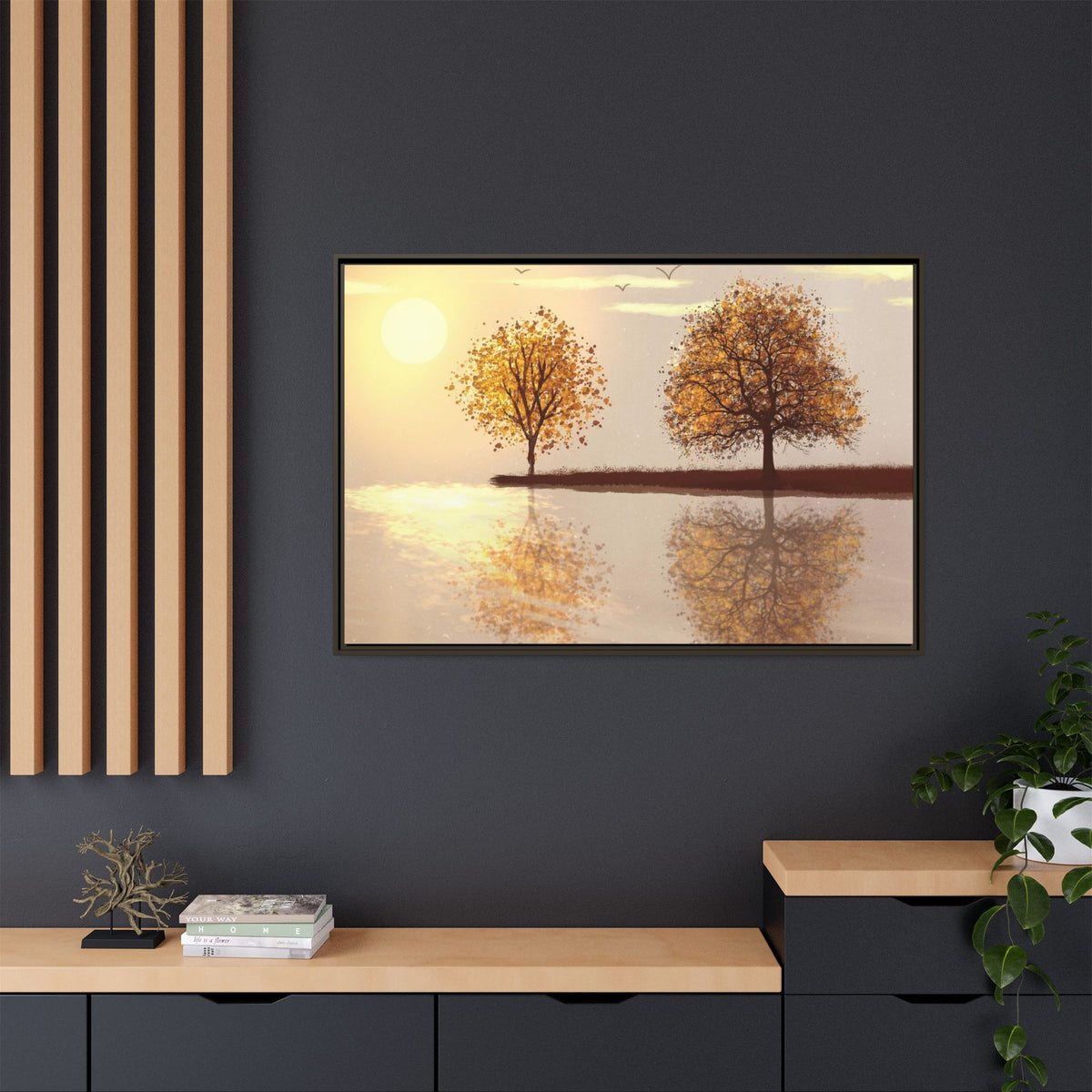 Framed Matte Canvas Wall Art — Golden Autumn Trees Reflection