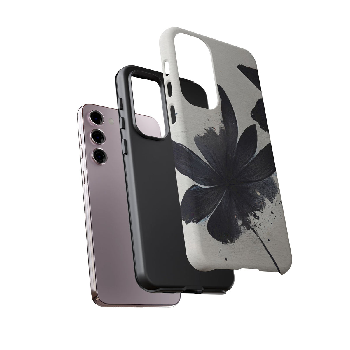 Monochrome Floral Tough Phone Case — Black Ink Flower Protective Cover