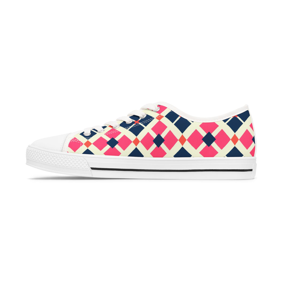 Argyle Pattern Low Top Sneakers — Pink Navy Geometric Casual Shoes