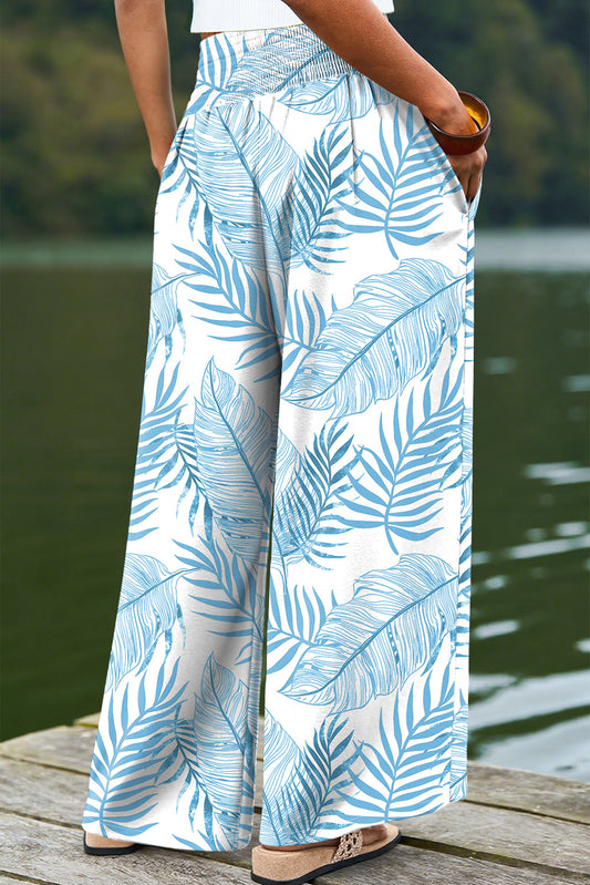 Sky Blue Geometric/ Floral/ Botanic Print Shirred Waistband Wide Leg Pants