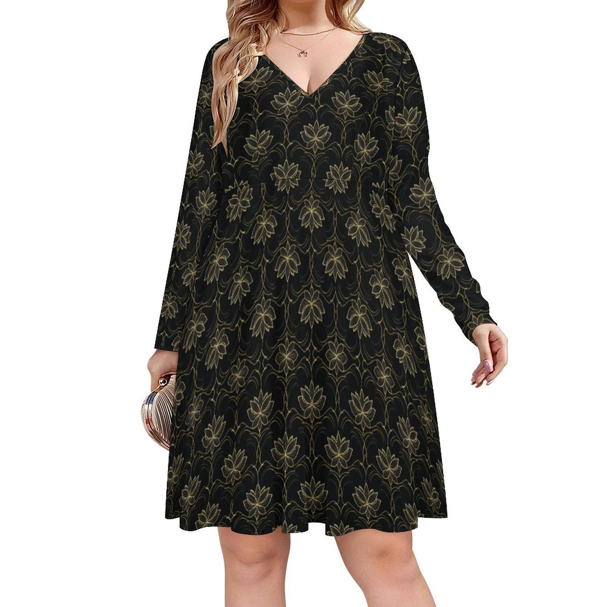 Plus Size V-neck Long Sleeve Dress B829 (All-Over Printing)