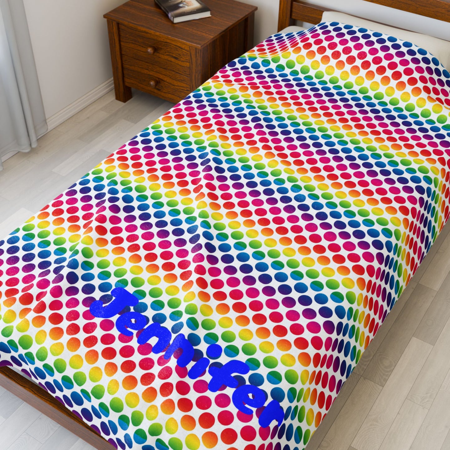 Personalized Velveteen Plush Blanket, Rainbow Polka Dot Throw, Cozy Home Decor, Gift for Kids, Custom Name Blanket, Soft Snuggle Blanket