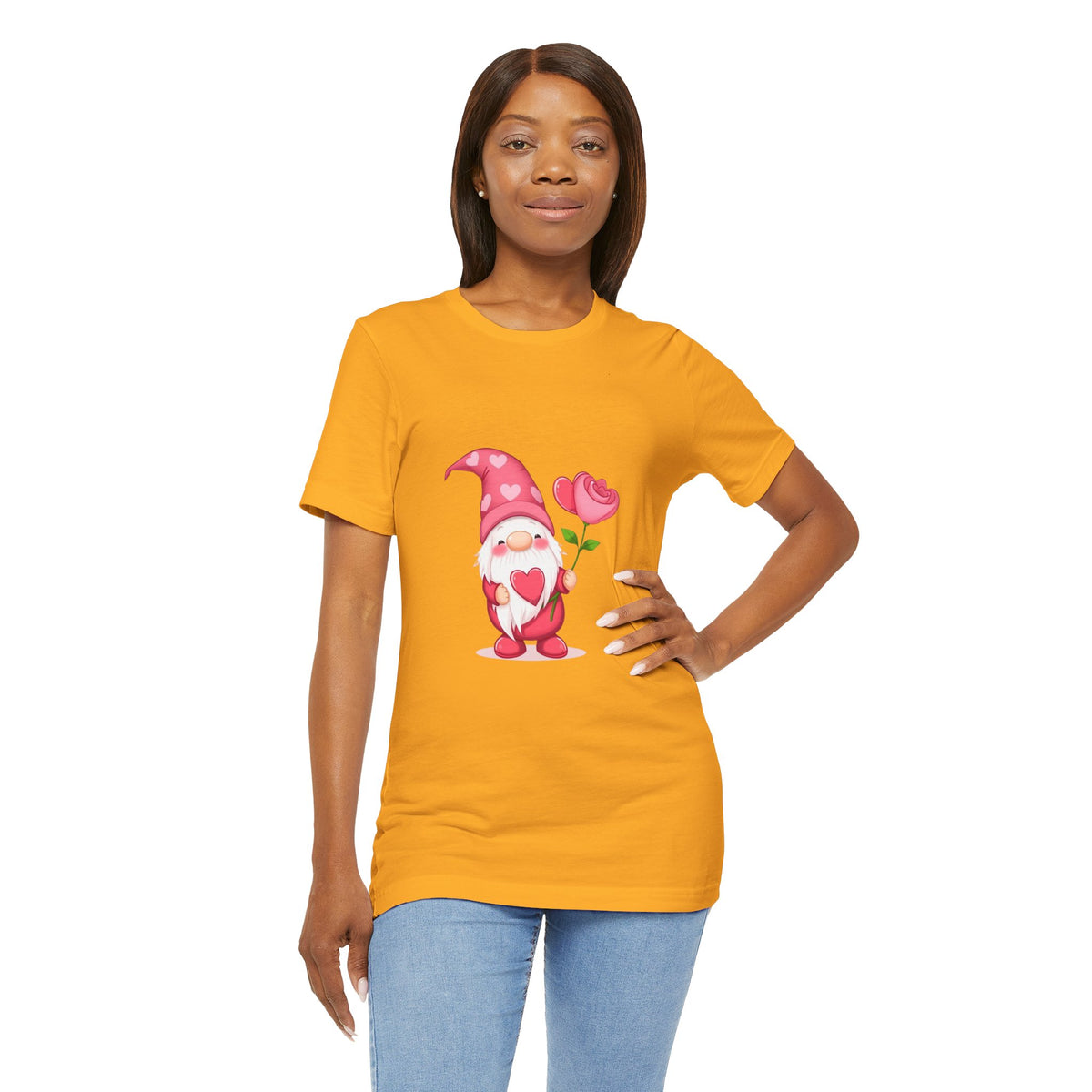 Valentine Gnome T‑Shirt — Cute Pink Gnome Holding Rose Tee