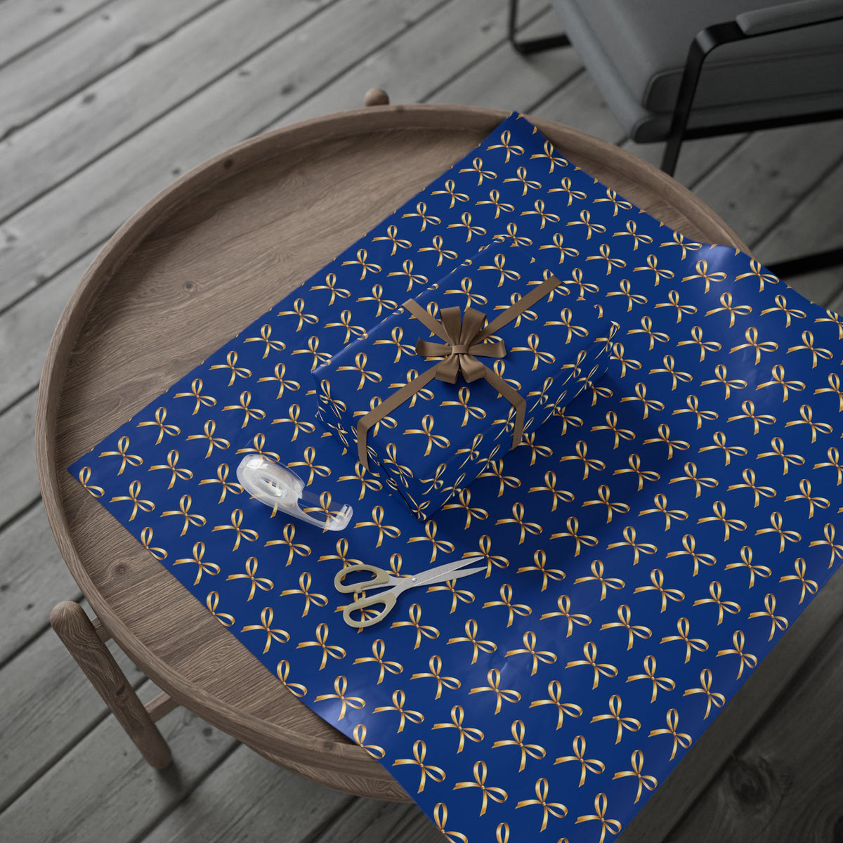 Wrapping Paper — Blue Gift Wrap with Gold Ribbon Pattern