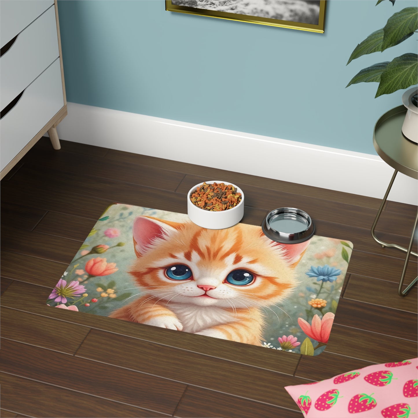 Cute Orange Kitten Pet Food Mat (12x18) — Floral Non-Slip Feeding Placemat for Cats & Small Dogs