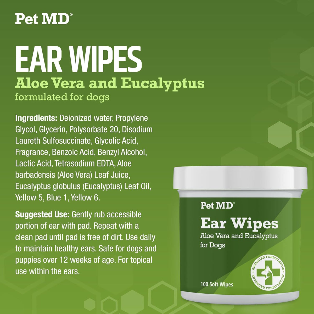 Pet MD Dog Ear Cleaning Wipes – Otic Cleanser for Dogs, Soothing Ear Care with Aloe Vera & Eucalyptus, Regular Wipes, 100 Count