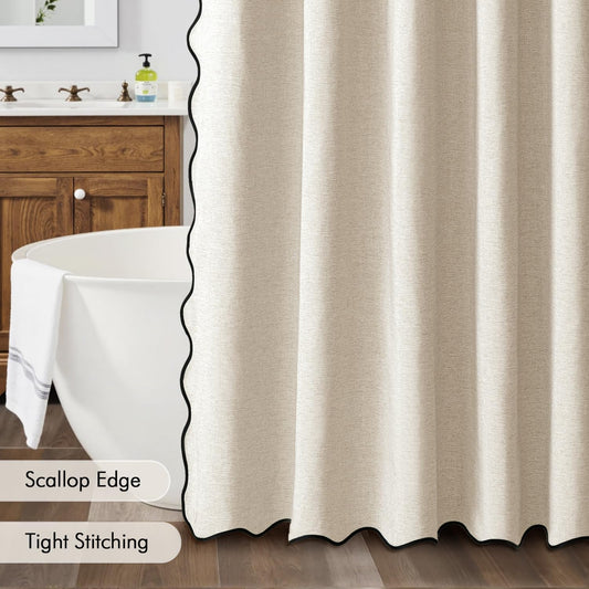 Beige Scalloped Shower Curtain Linen Textured with 12 Metal Hooks Cute Heavy Duty Washable Waterproof Neutral Thick Cloth Shower Curtains with Black Border for Bathroom Bathtub,W72*L72 Cream