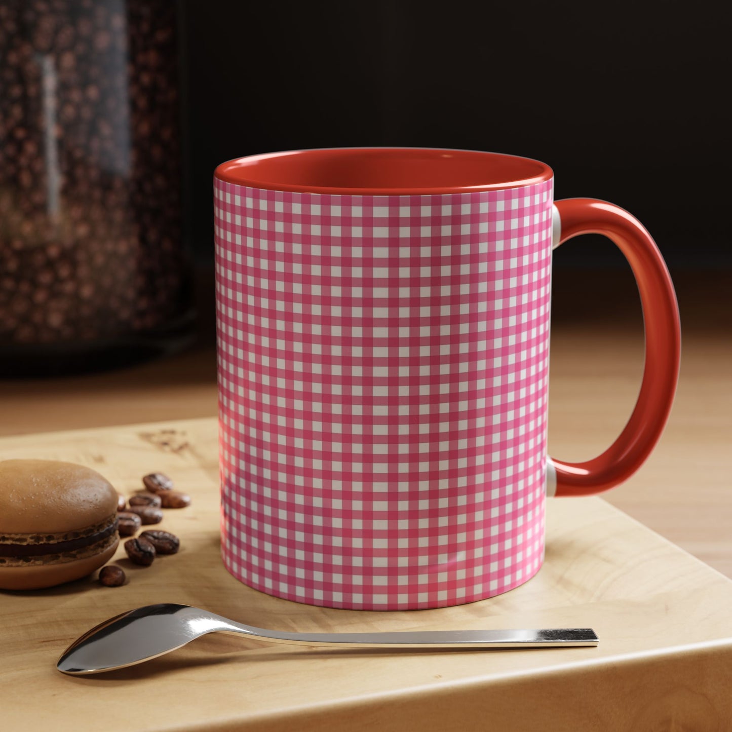 Pink Gingham Accent Coffee Mug, Cute Kitchen Decor, Gift for Coffee Lovers, Home Office Mug, Spring and Summer Vibes
