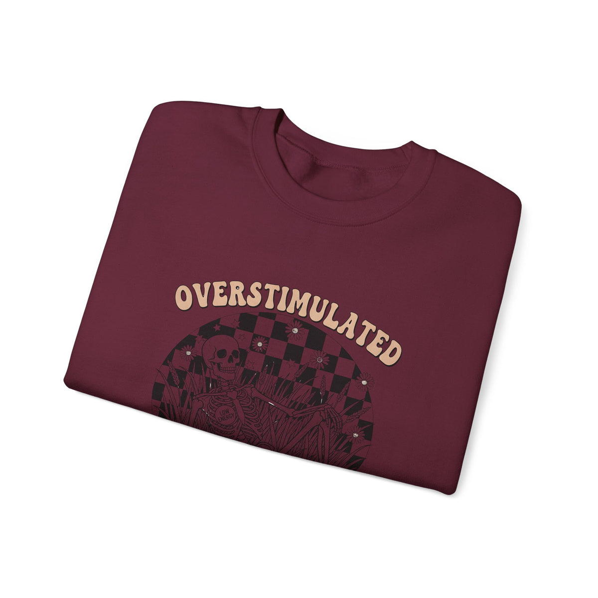 Sweatshirt — "Overstimulated and Still Cute" Skull Checkerboard Graphic Crewneck