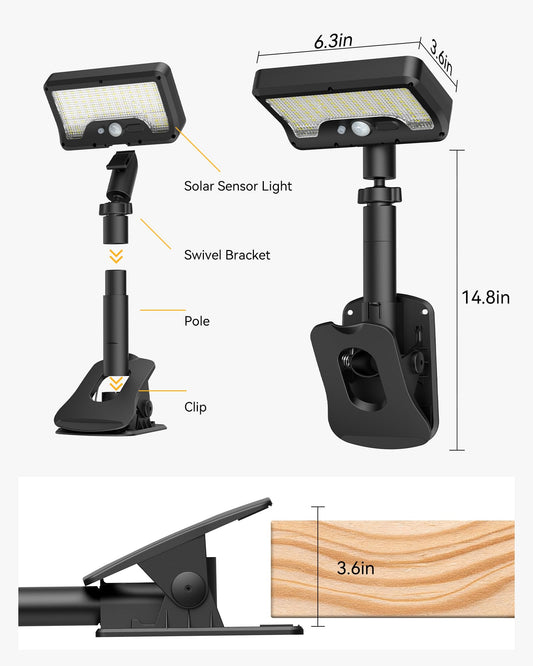 Solar Motion Sensor Security Light, 92LED Clip On Solar Lights Outdoor with Type-C Charging, 3 Modes Waterproof Chain Link Fence Lights for Garden Lighting