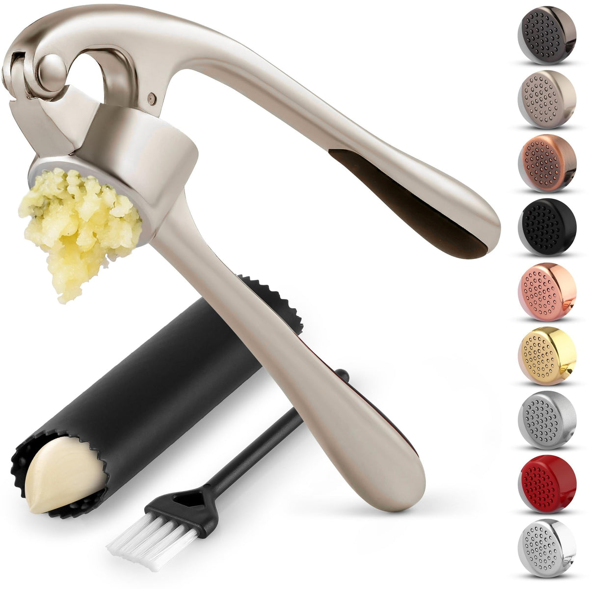 Zulay Kitchen Premium Garlic Press Set - Rust Proof Professional Garlic Mincer Tool - Easy-Squeeze, Easy-Clean with Soft, Ergonomic Handle - Silicone Garlic Peeler & Brush (Silver)