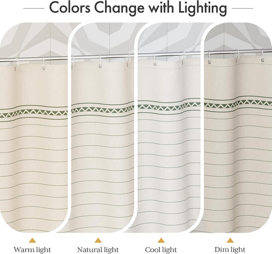 AmazerBath Boho Shower Curtain, Modern Farmhouse Shower Curtain Set with Tassels, Rustic Faux Linen Green Striped Shower Curtain with Hooks, Light Tan Toned