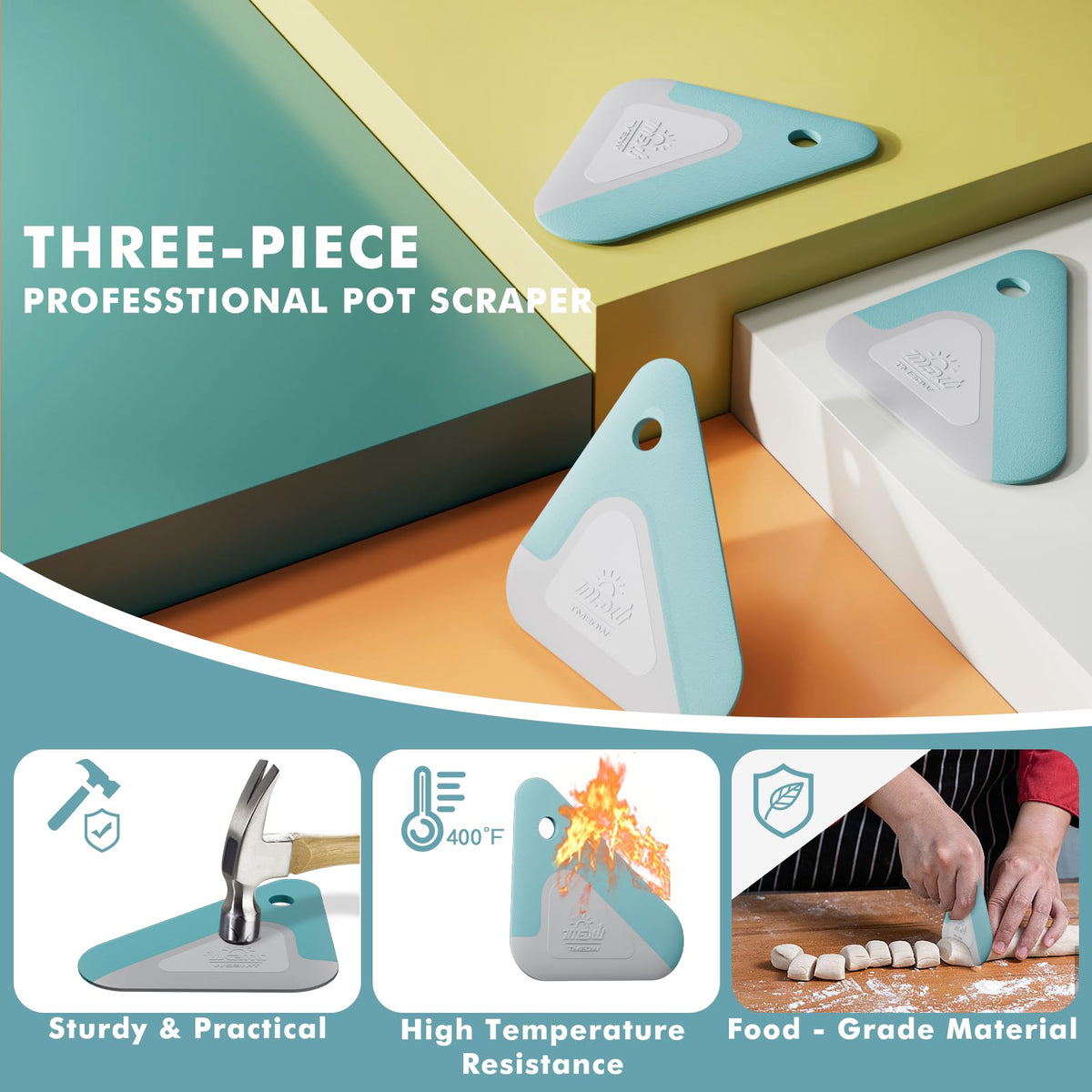 Food Scraper, 2-in-1 Pot and Pan Dish Scraper, Nylon and Silicone, Kitchen Scraper Tools for Cast Iron Skillets, Cookware, Dishes, Pans and Pots, Heat Resistant, Set of 3 - Blue