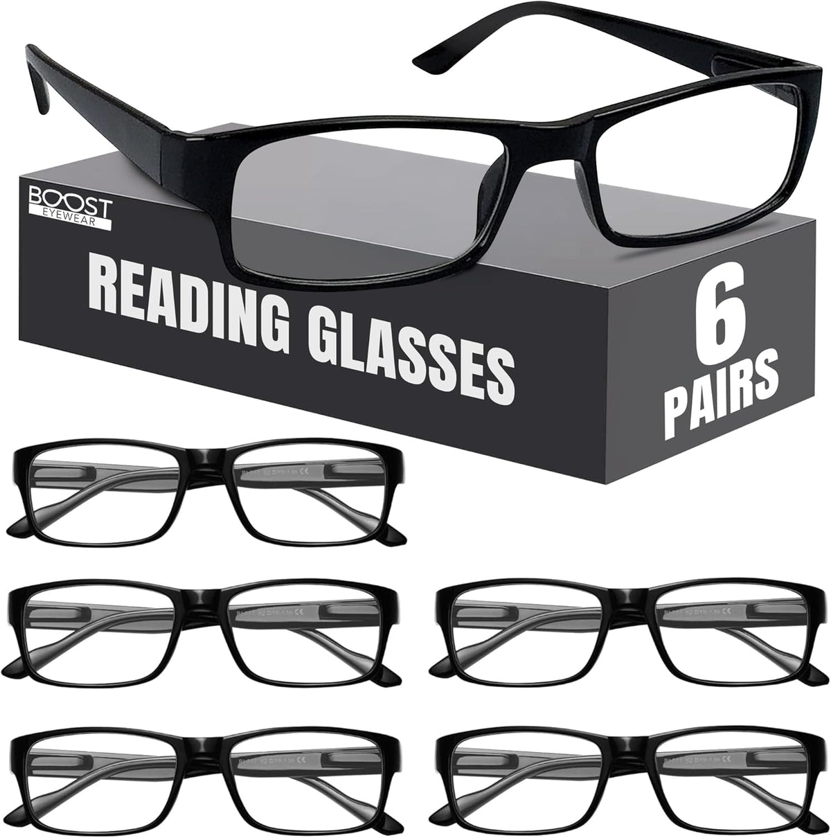 Boost Eyewear 6 Pack Reading Glasses, Traditional Black Frames, for Men and Women, with Comfort Spring Loaded Hinges, Black, 6 Pairs
