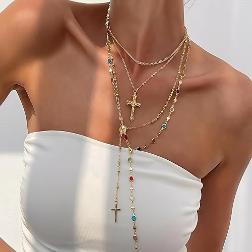4PCS Layered Gold Cross Necklaces for Women Trendy, Bohemian Bead Pearl Y Long Pendant Necklace Set, Vintage Rosary Necklace Stack Adjustable Length