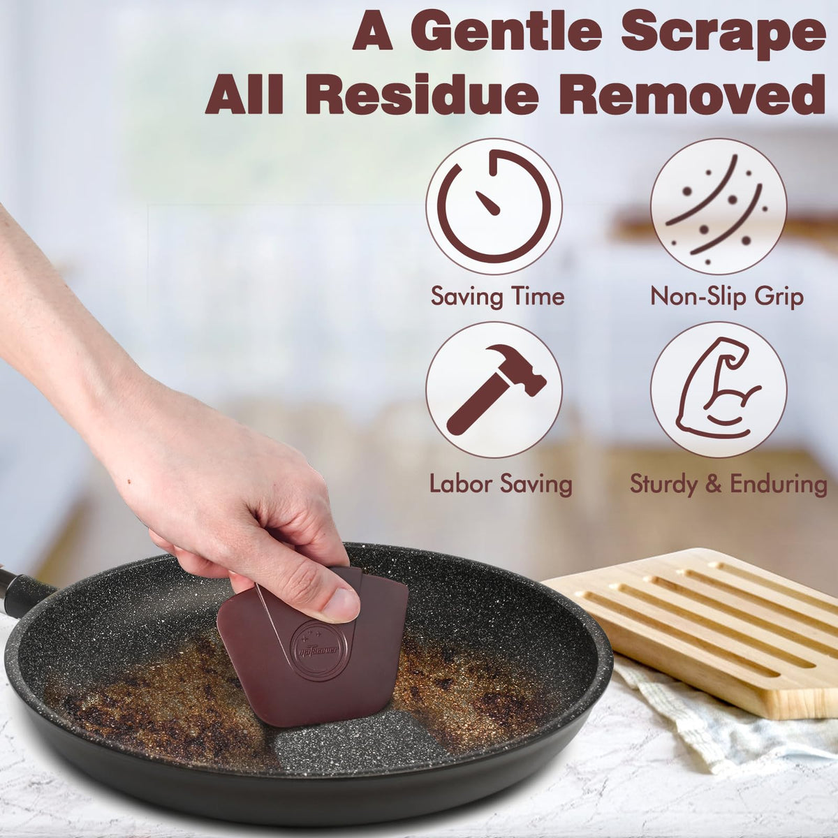 Pan Scraper Dish Scraper Tool - Pot Scraper Plastic for Cast Iron Skillet Cookware Cleaning, 6 Pcs Non Scratch Plastic Food Scraper Tool Kitchen, Heat Resistant Kitchen Scraper, Brown
