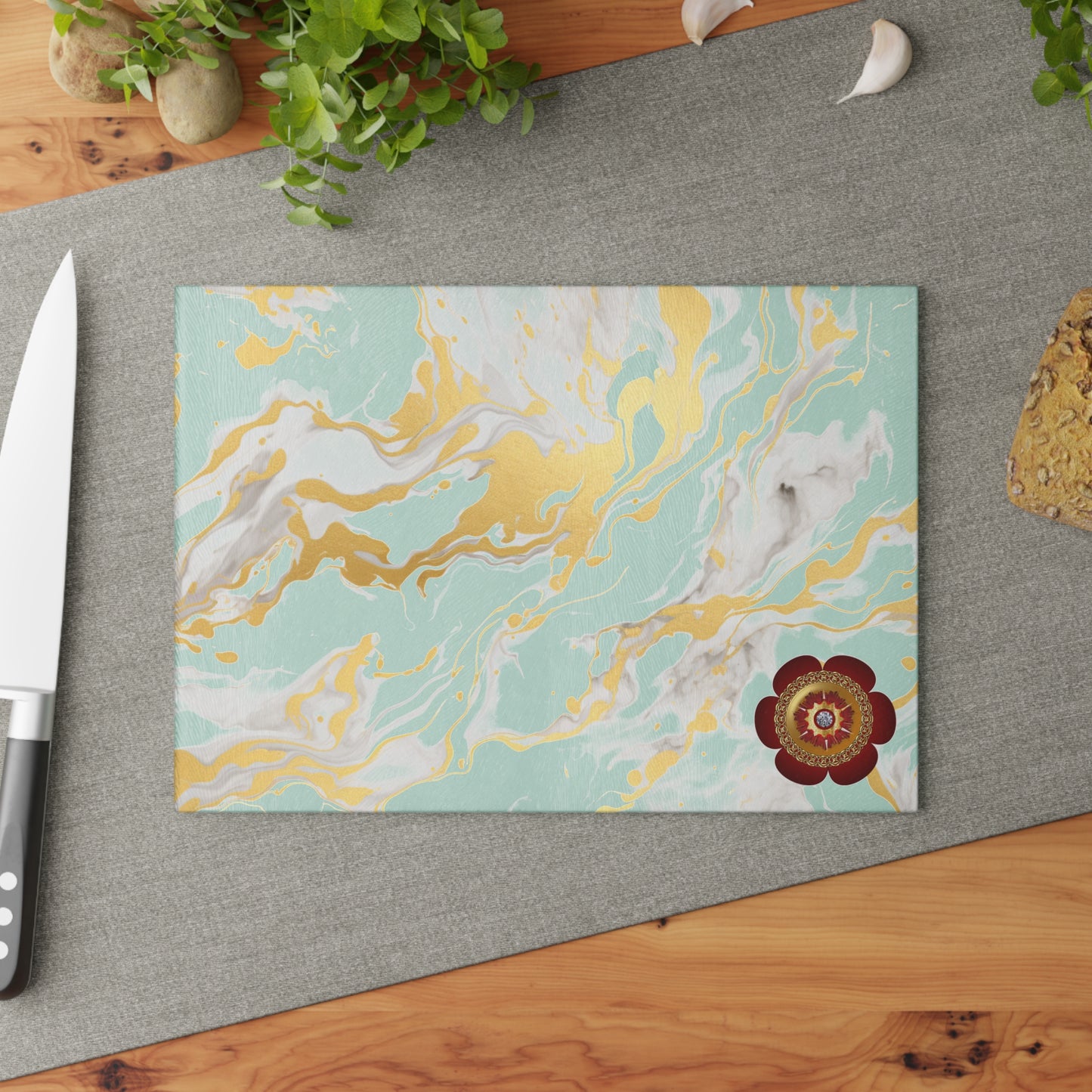 Elegant Marble Glass Cutting Board with Floral Design, Kitchen Decor, Home Gift