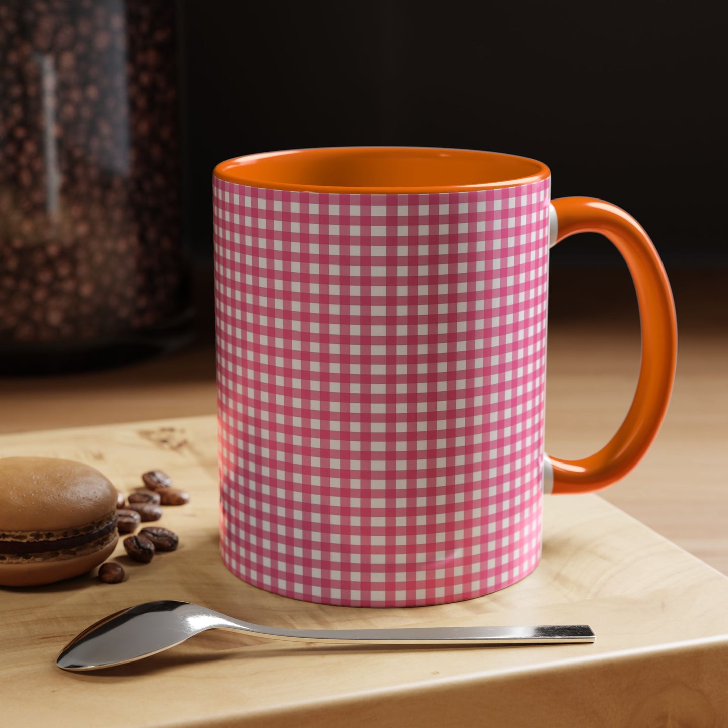 Pink Gingham Accent Coffee Mug, Cute Kitchen Decor, Gift for Coffee Lovers, Home Office Mug, Spring and Summer Vibes