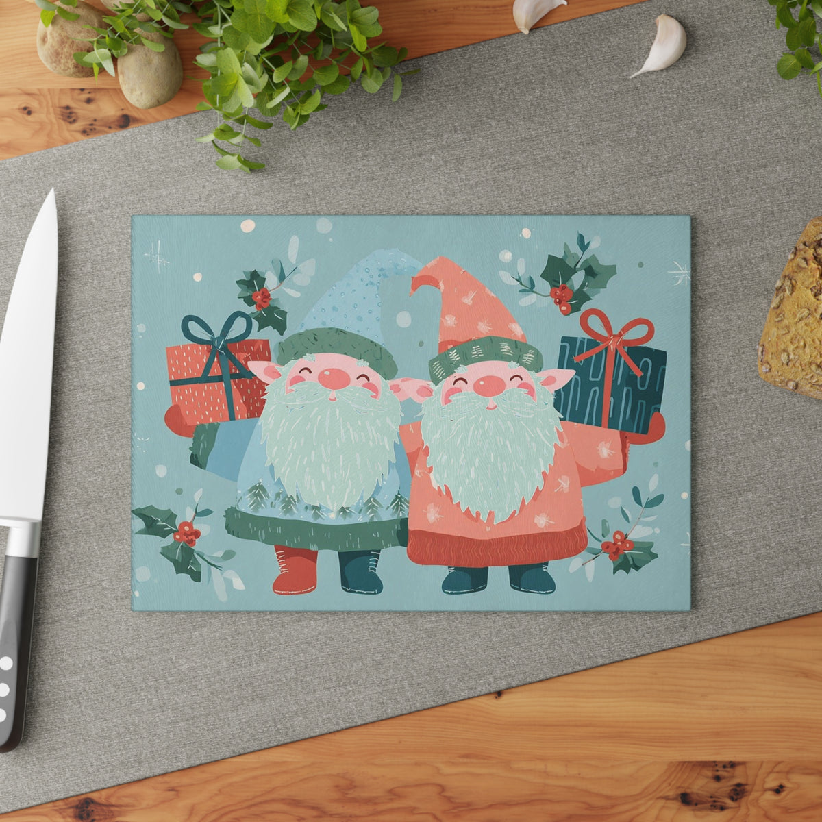 Christmas Gnome Glass Cutting Board, Holiday Kitchen Decor, Gift for Foodies, Gnome Lover Gift, Festive Kitchen Accessory