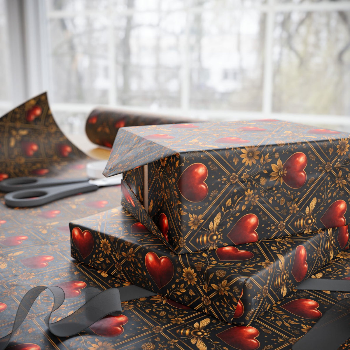 Ornate Heart Wrapping Paper Roll – Elegant Red & Gold Gift Wrap
