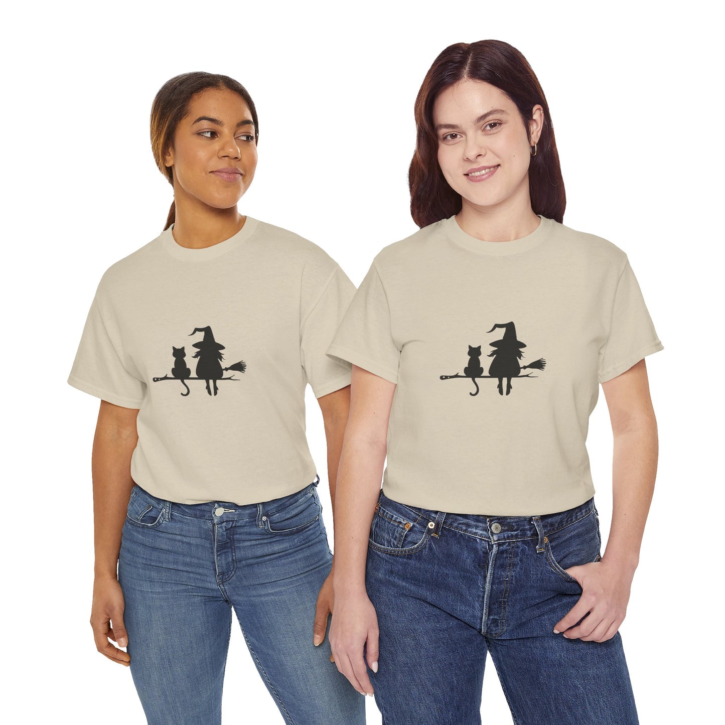 Witch and Cat Tee | Spooky Unisex Shirt for Halloween | Cute Witchwear for Cat Lovers | Fall Wardrobe Essential | Gift for Magical Friends