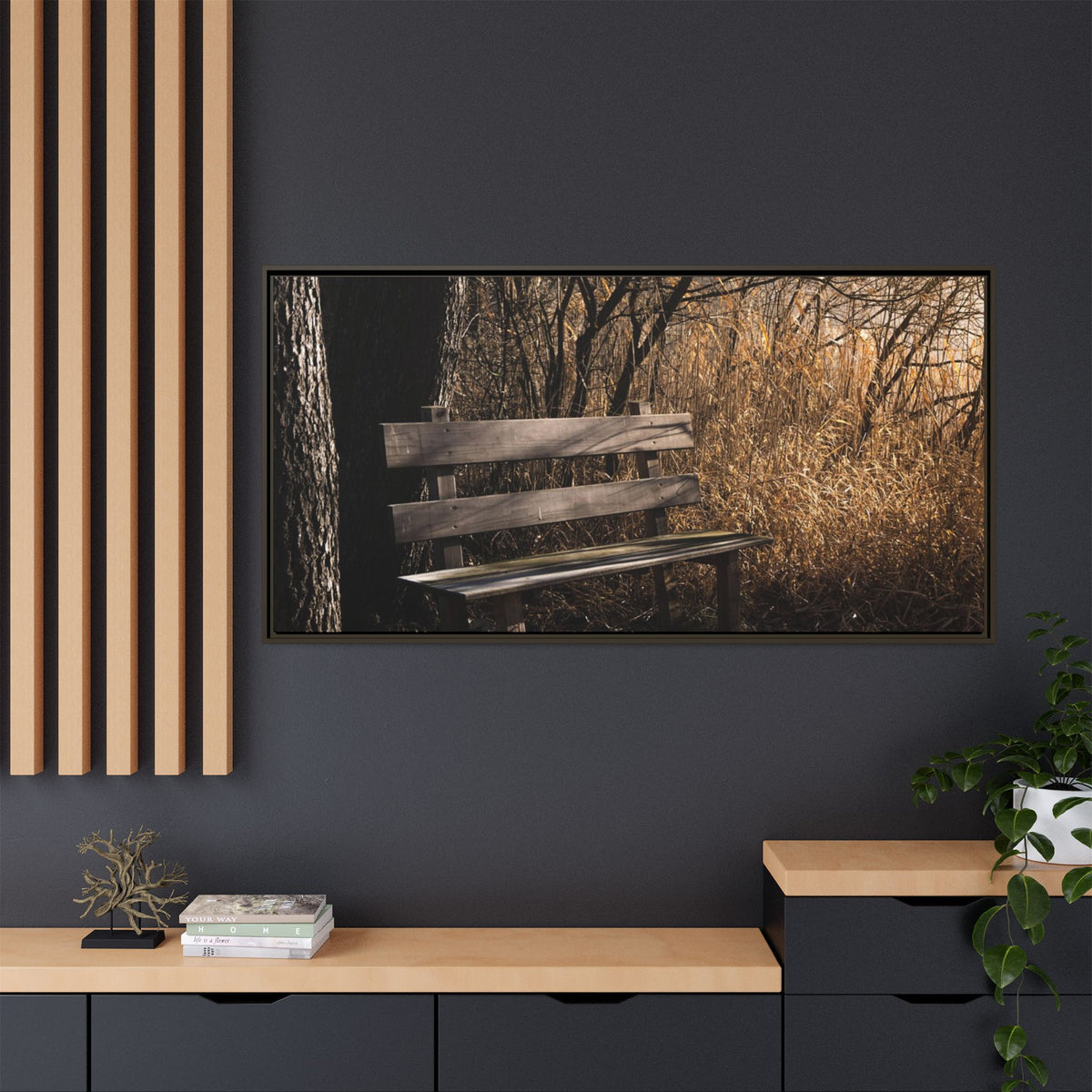 Framed Matte Canvas Print — Autumn Park Bench Photography