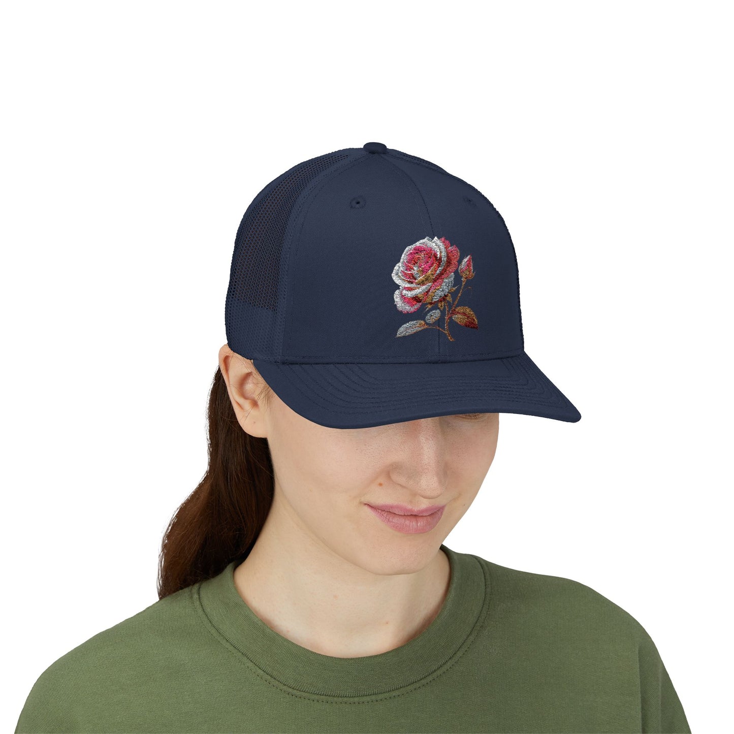 Rose Embellished Snapback Trucker Cap, Casual Hat for Outdoor Events, Gift for Flower Lovers, Stylish Fashion Accessory, Holiday Cap