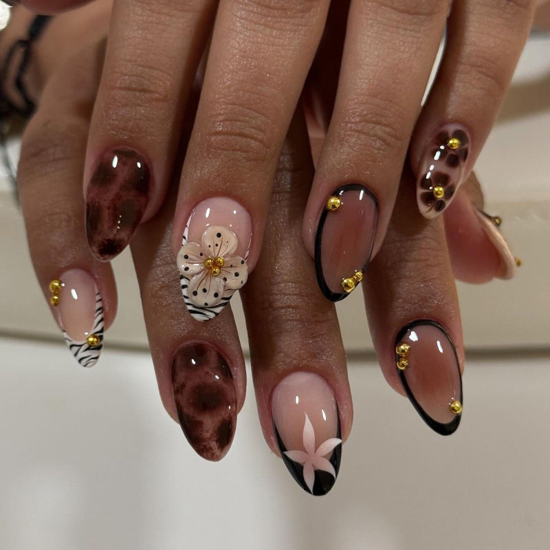Mixed Floral Animal Pattern Almond Art Nails