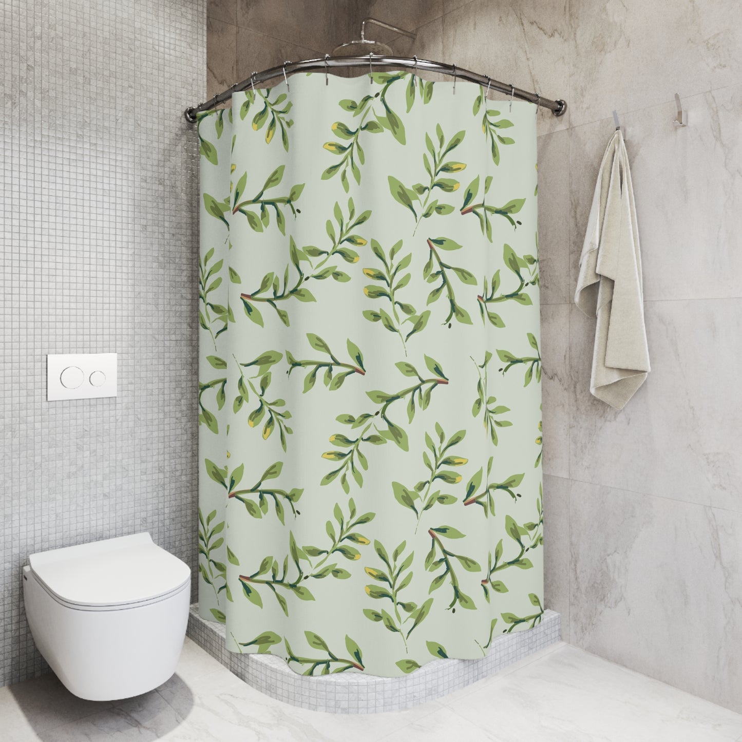 Botanical Leaf Shower Curtain — Watercolor Green Branch Bathroom Decor