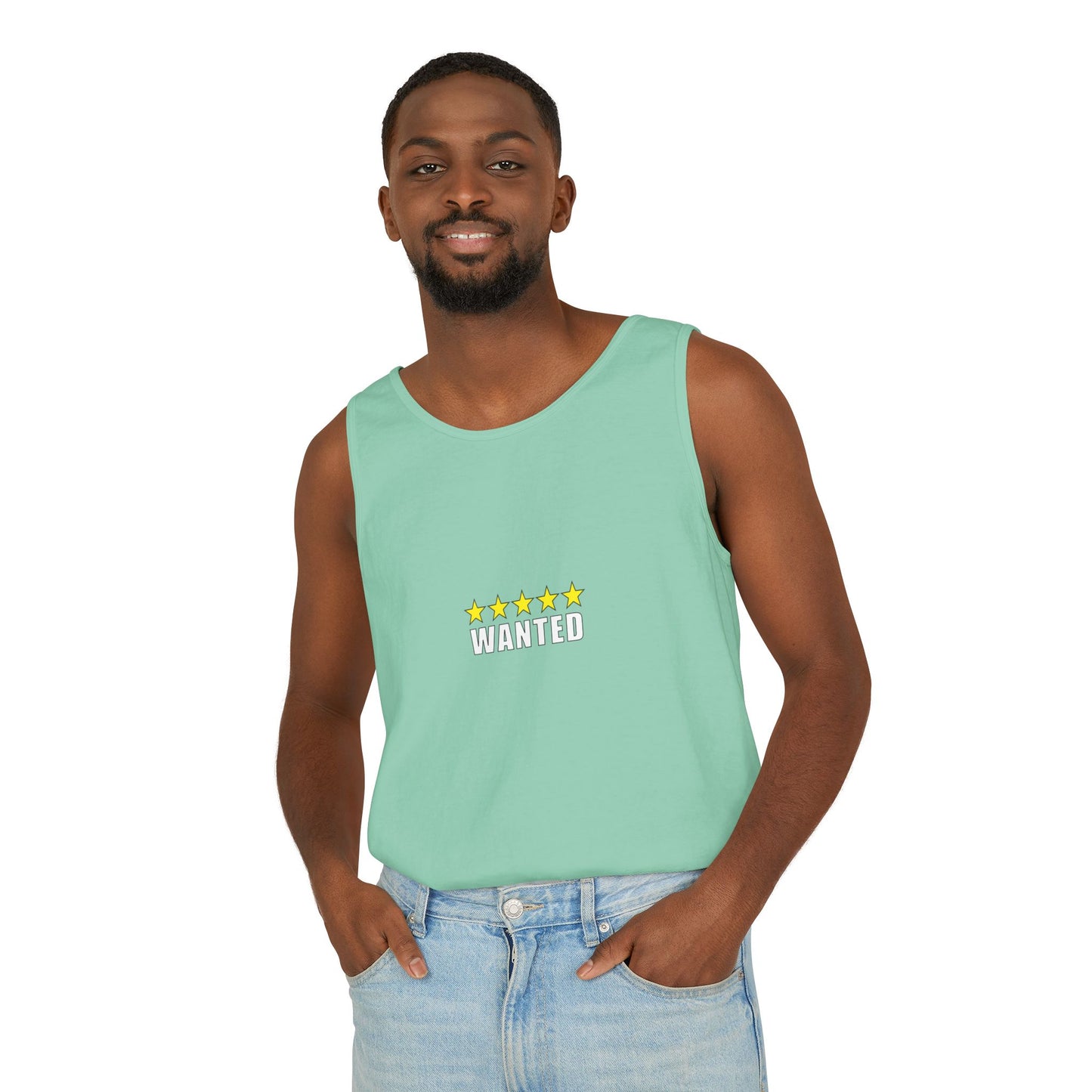 5-Star "WANTED" Garment-Dyed Tank Top, Unisex Summer Shirt, Gift for Him/Her, Trendy Casual Wear, Pool Party Outfit, Unique Graphic Tee