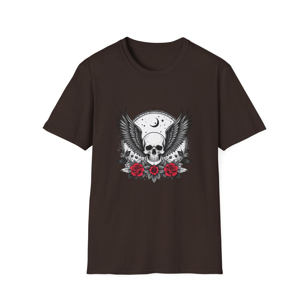 Skull Wings T‑Shirt – Crescent Moon & Red Roses Gothic Graphic Tee