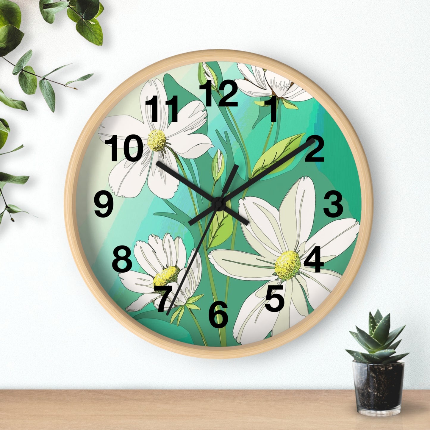 Wall Clock - Green White Floral