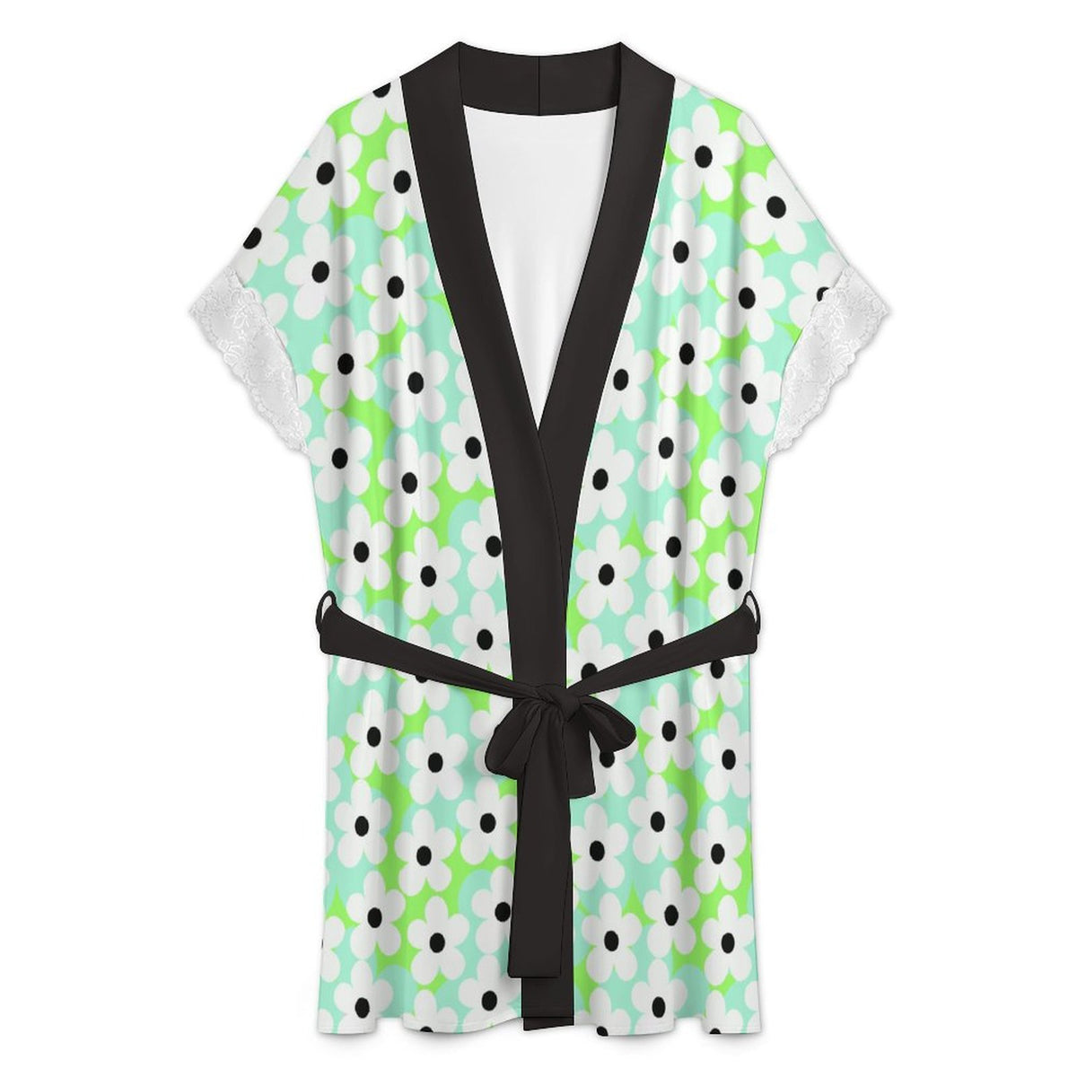 Lace Trimmed Short-Sleeve Nightgown Robe