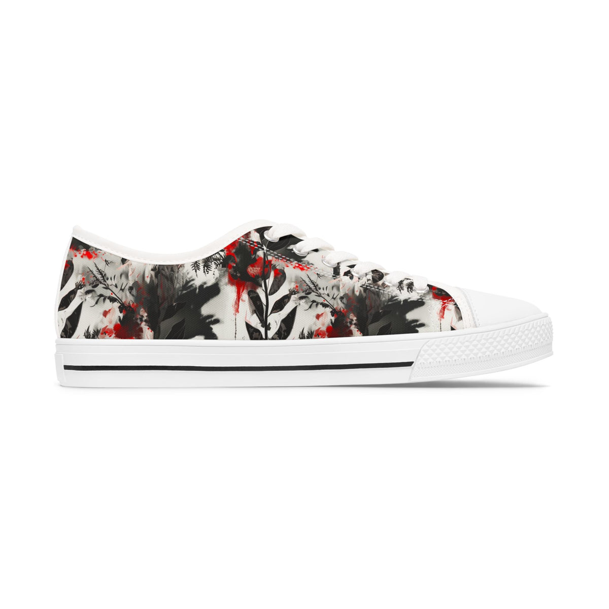 Floral Ink-Blend Low Top Sneakers — Artistic Black & Red Canvas Shoes