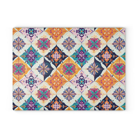 Glass Cutting Board — Colorful Moroccan Tile Pattern, Boho Kitchen Decor