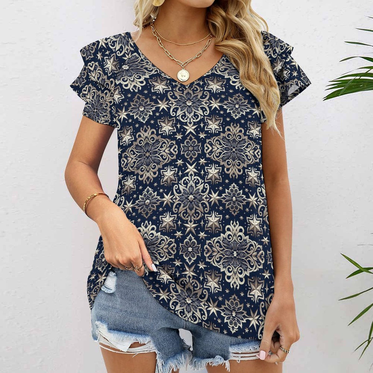 Cooling Polyester Ruffle V-Neck T-Shirt
