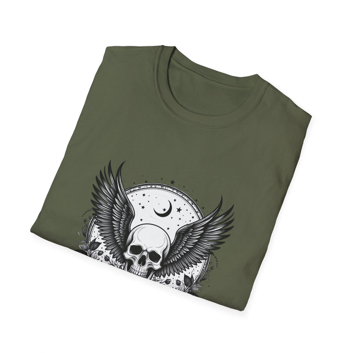 Skull Wings T‑Shirt – Crescent Moon & Red Roses Gothic Graphic Tee
